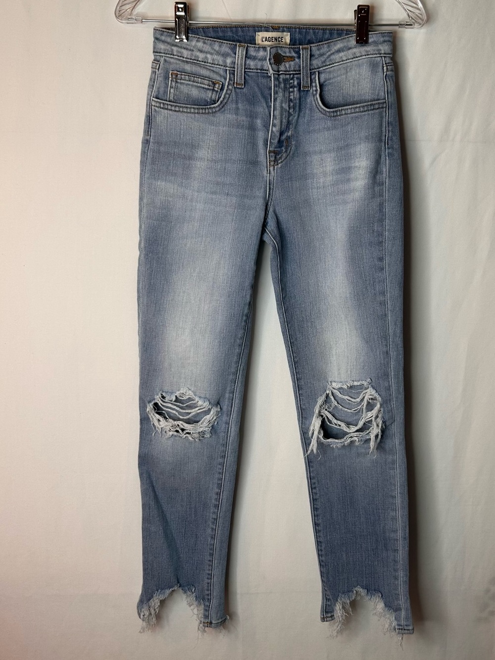 L’Agence Highline Jeans in Desert light Destruct Distressed Knees Size 24